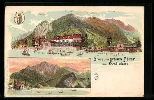 Lithographie Kochel am See, Hotel Grauer Bär mit Kienstein, Sonnenspitz, Gemsstein und Jocheralm