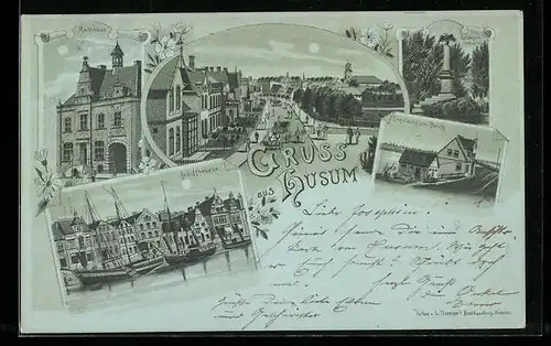 Mondschein-Lithographie Husum, Rathaus, Schiffbrücke, Krieger-Denkmal