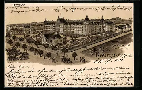 Lithographie Naumburg a. S., Kadettenanstalt, Vorderansicht aus der Vogelschau