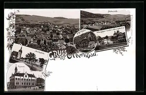 Lithographie Olbernhau, Ortsansicht, Marktplatz, Hüttenreihe