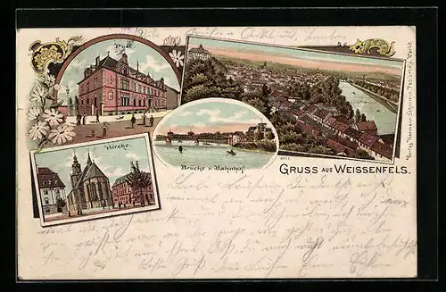 Lithographie Weissenfels, Ortsansicht, Post, Brücke und Bahnhof