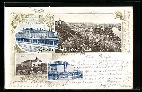 AK Weissenfels, Gesamtansicht, Bahnhof mit Bahnhofs-Restaurant, Schloss
