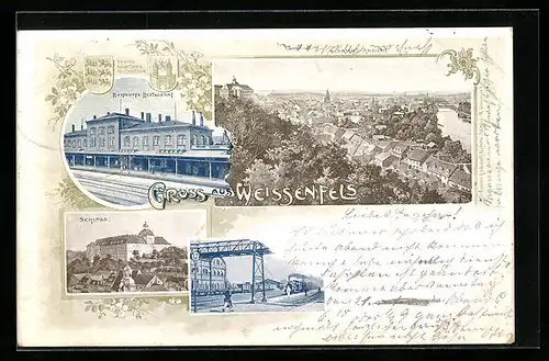 AK Weissenfels, Ortsansicht, Bahnhof mit Bahnhofs-Restaurant, Schloss