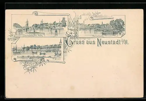 Lithographie Neustadt i. H., Fischerhafen, Hafen mit Lösch- und Landeplatz