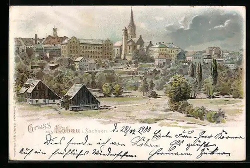 Lithographie Löbau /Sa., Teilansicht unter bewölktem Himmel