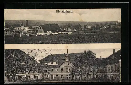 AK Kleinschirma bei Freiberg, Panorama des Ortes, Gasthof Kleinschirma Rich. Lantzsch, Frontansicht