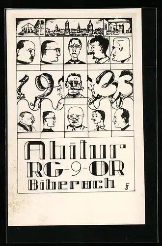 Künstler-AK Biberach, Absolvia Abitur RG-9-OR, 1933, Ortspanorama und Portraits