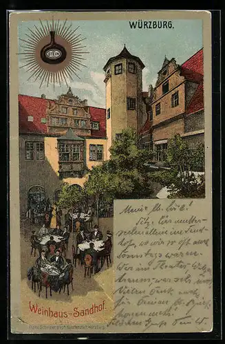 Lithographie Würzburg, Gasthof Weinhaus Sandhof, Hofansicht mit Gästen