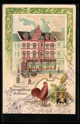 Lithographie Heidelberg, Restaurant Rother Hahn mit Strasse, Hahn, Wappen