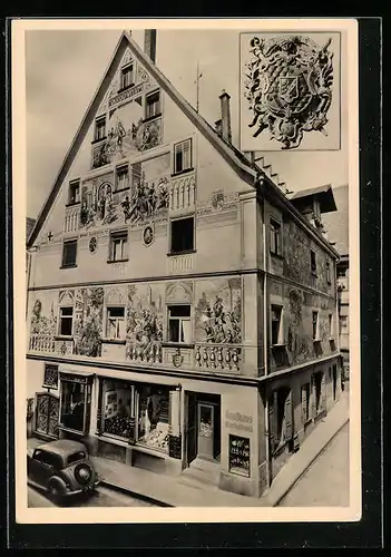 AK Riedlingen /Württ., Kaufhaus Bartholomä mit Strasse aus der Vogelschau, Wappen