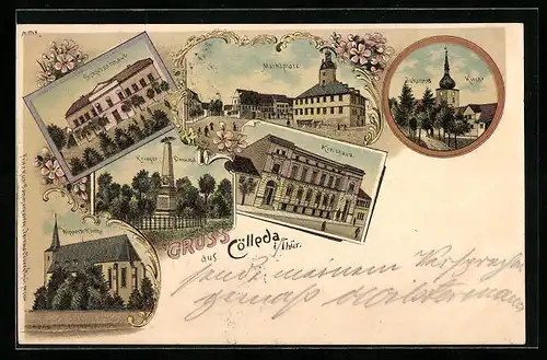 Lithographie Cölleda i. Thür., Marktplatz, Schützenhaus, Johannes-Kirche, Kreishaus