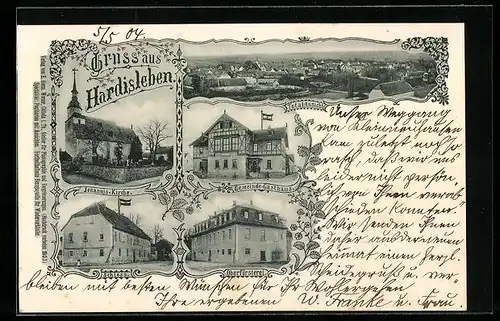 AK Hardisleben, Ortsansicht, Johannis-Kirche, Schloss, Gemeinde-Gasthaus