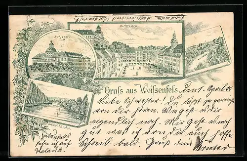 Lithographie Weissenfels, Marktplatz, Schloss, Saale-Partie