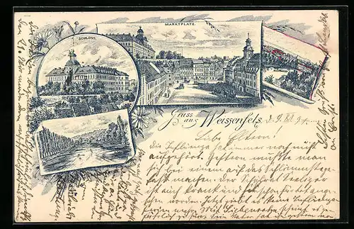 Lithographie Weissenfels, Marktplatz, Schloss, Saalepartie