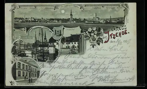 Mondschein-Lithographie Itzehoe, Ortsansicht, Prinzesshof, Die Stör an der Langen Brücke