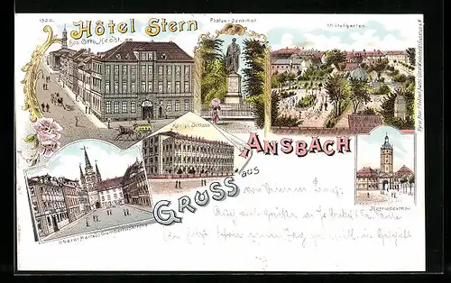 Lithographie Ansbach, Hotel Stern, Bes.: Otto Hecht, Königl. Schloss, Herriedertor