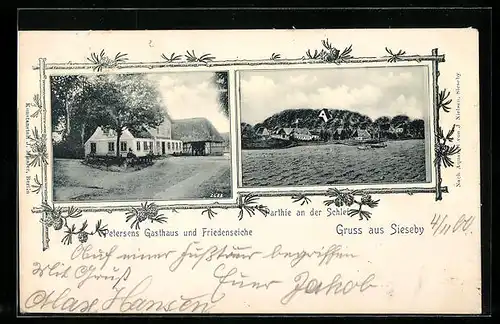 AK Sieseby, Petersens Gasthaus und Friedenseiche, Partie an der Schlei