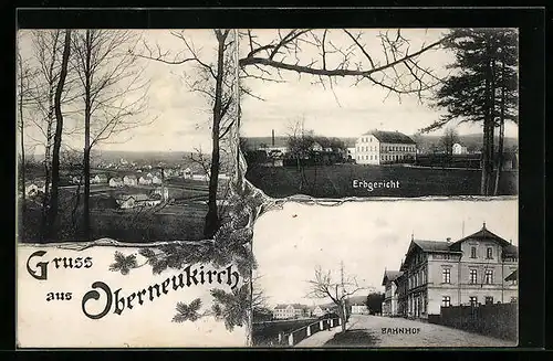AK Oberneukirch, Bahnhof, Erbgericht, Ortsansicht aus der Vogelschau