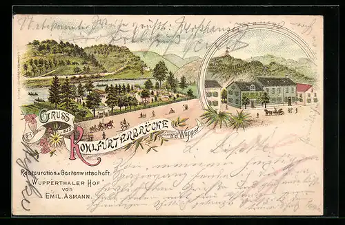 Lithographie Kohlfurterbrücke a. d. Wupper, Restaurant Wuppertahler Hof mit Gartenwirtschaft