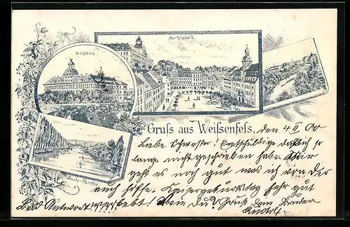 Lithographie Weissenfels, Marktplatz, Schloss, Saale-Partie