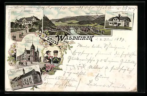 Lithographie Waldkirch, Gasthaus Kandel Rasthaus, St. Margaretha, Reichspostgebäude