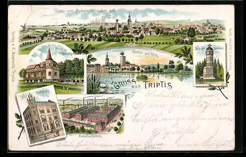 Lithographie Triptis, Porzellanfabrik, Hokerschlösschen, Rathaus