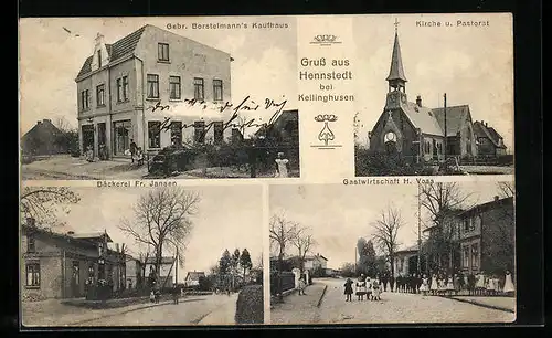 AK Hennstedt bei Kellinghusen, Gasthaus H. Voss, Gebr. Borsteimann`s Kaufhaus, Kirche und Pastorat