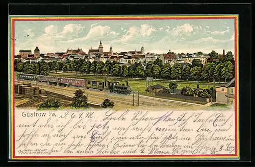 Lithographie Güstrow i. M., Teilansicht mit Eisenbahn
