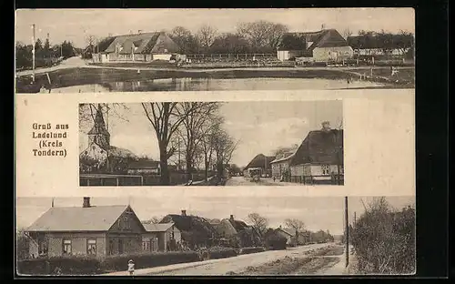 AK Ladelund /Kreis Tondern, Ortspartie mit Teich, Kirche, Strassenpartie