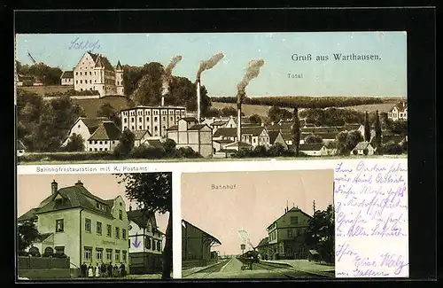 AK Warthausen, Bahnhofrestauration mit K. Postamt, Bahnhof