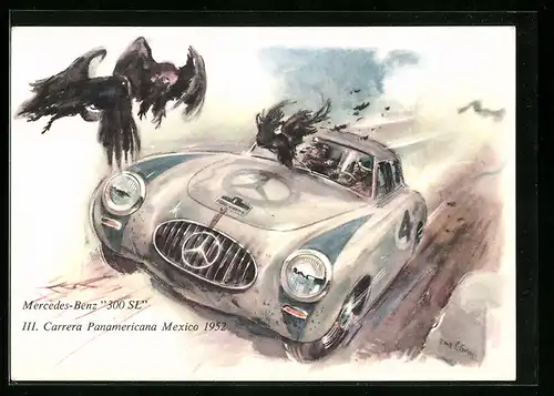 Künstler-AK Gruss aus Stuttgart, Mercedes-Benz 300 SL, III. Carrera Panamericana Mexico 1952
