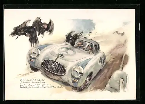 Künstler-AK Mercedes-Benz 300 SL, III. Carrera Panamericana Mexico 1952, Geier fliegt durch Windschutzscheibe