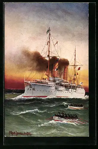 Künstler-AK Kriegsschiff Kreuzer Undine, zu Wasser gelassene Beiboote