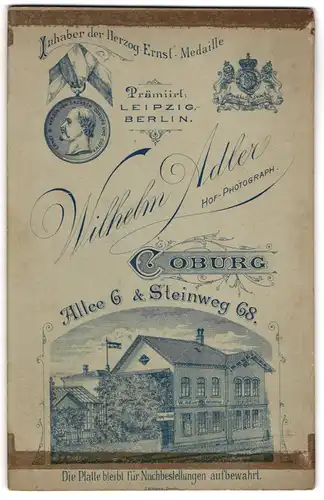 Fotografie Wilhelm Adler, Coburg, Allee 6, Ansicht Coburg, Blick auf das Fotoatelier, Königliches Wappen