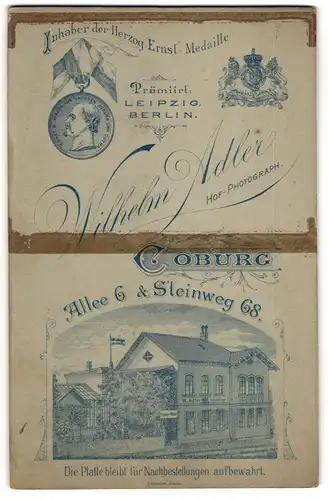 Fotografie Wilhelm Adler, Coburg, Allee 6, Ansicht Coburg, königliches Wappen und Blick auf das Atelier des Fotografen