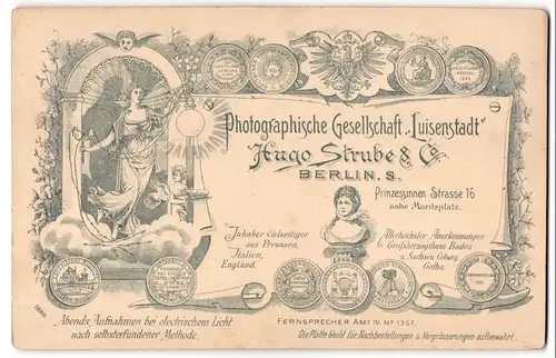 Fotografie Hugo Strube & Co., Berlin, Büste Königin Luise, Frau mit elektrischem Licht, Medaillen