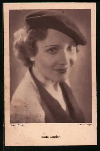 AK Schauspielerin Trude Marlen mit Mütze