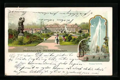 Lithographie Hannover-Herrenhausen, Partie mit Grünanlagen, Grosse Fontaine