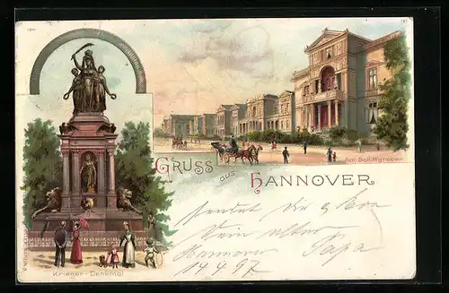 Lithographie Hannover, Am Schiffgraben, Krieger-Denkmal