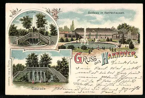 Lithographie Hannover, Grotte, Cascade, Schloss in Herrenhausen