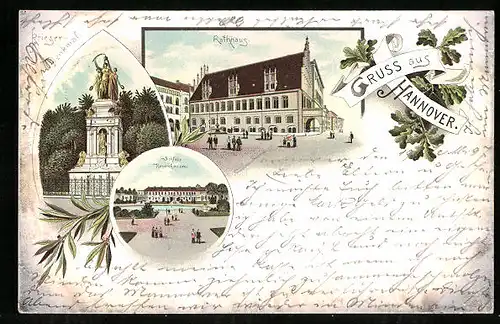 Lithographie Hannover, Rathhaus, Kriegerdenkmal, Schloss Herrenhausen