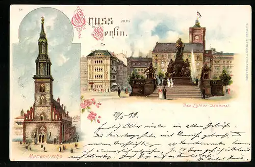 Lithographie Berlin, Luther-Denkmal, Marienkirche, Neuer Markt