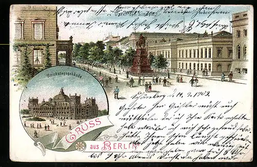 Lithographie Berlin, Unter den Linden, Reichstagsgebäude