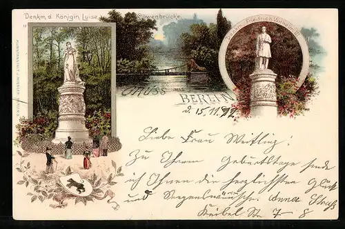 Lithographie Berlin-Tiergarten, Denkmal d. Königin Luise, Löwenbrücke, Denkmal Friedrich Wilhelm III.