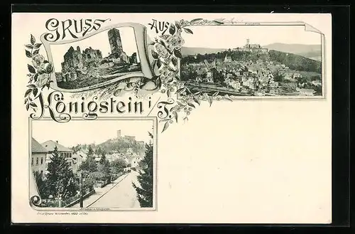 AK Königstein i. T., Ruine, Panorama, Strassenpartie