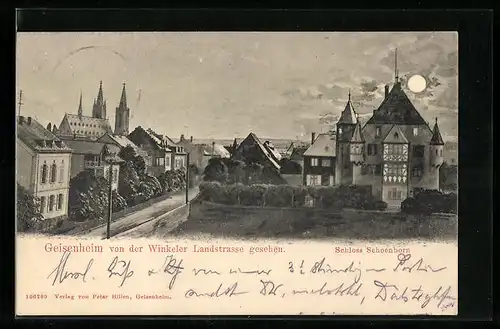 Mondschein-AK Geisenheim, Ortsansicht von der Winkeler Landstrasse aus, Schloss Schoenborn