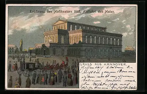 Lithographie Hannover, Eröffnung des Hoftheaters 1852, Auffahrt des Hofes