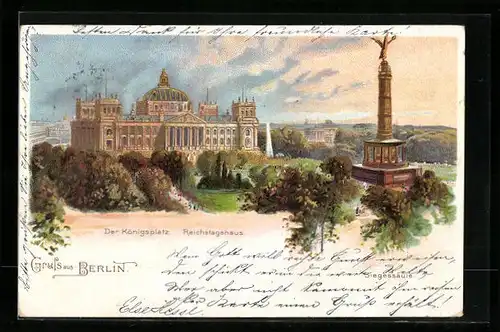 Lithographie Berlin-Tiergarten, Königsplatz, Reichstagshaus, Siegessäule
