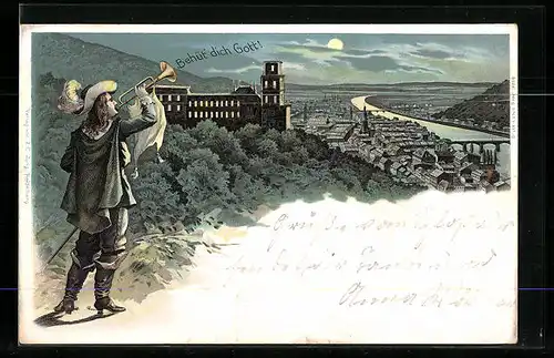 Mondschein-Lithographie Heidelberg, Ortsansicht aus der Vogelschau, Behüt` dich Gott, Trompetenspieler