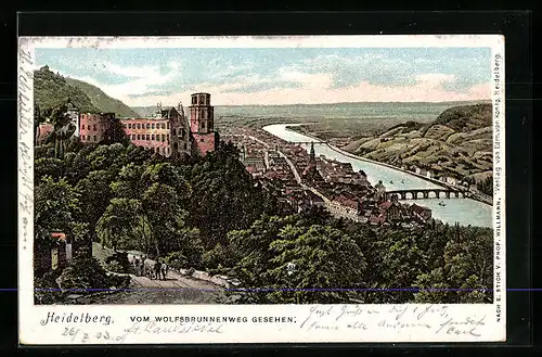 Lithographie Heidelberg, Ortsansicht vom Wolfsbrunnenweg aus